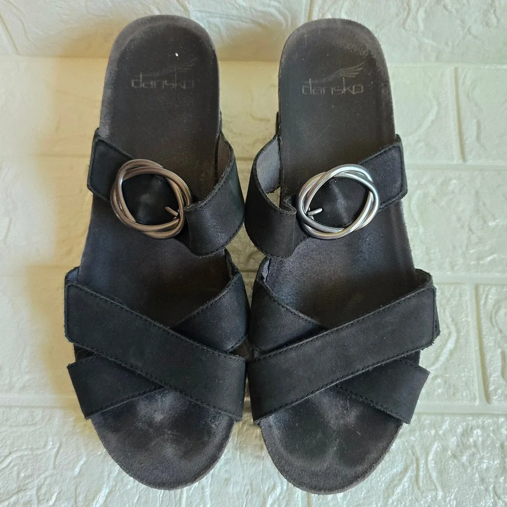 Dansko Black Nubuck Metallic Cork Wedge Sandals Womens Sz 40 Black Comfort Strap